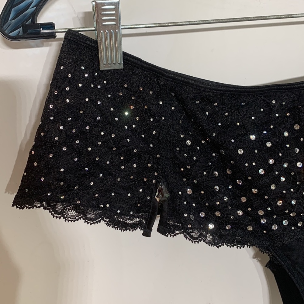 Chantelle black lace mesh Swarovski crystal embellished skirt thong negligee - Picture 3 of 8